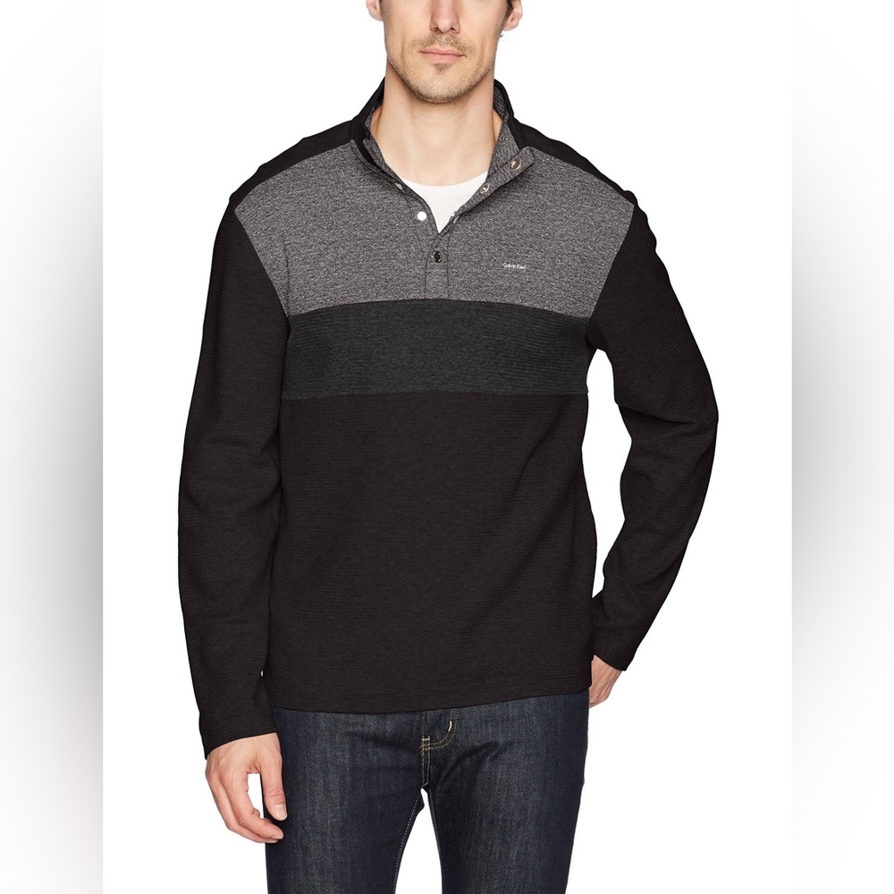 Calvin Klein 1/4 snap Colorblock sweater, men’s size large, black and gray